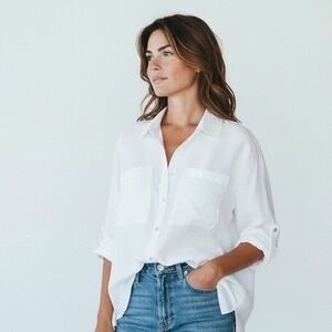 Megachoni White Linen Button Down Shirt Relaxed Fit Roll Tab Sleeve Size‎ S